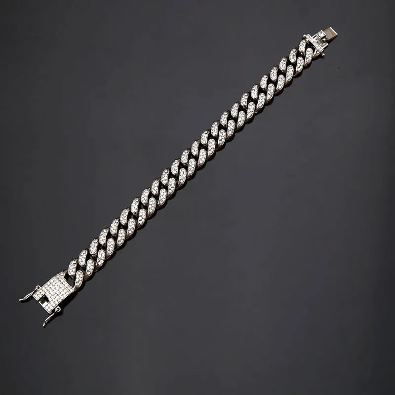 Cuban link bracelet, alloy chain with platinum inlaid gem, 21cm unisex hip hop jewellery in gold or silver