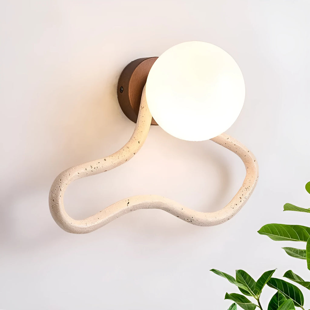 Middle Ancient cream style bedside wall lamp with travertine glass shade and solid wood base