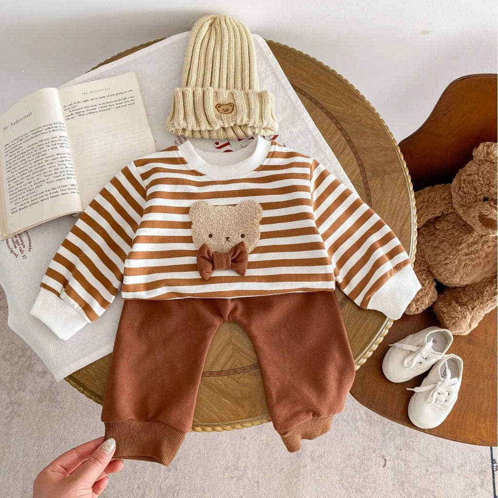 Cotton baby bear suit two-piece set in light beige with animal pattern, available in sizes 73-110cm