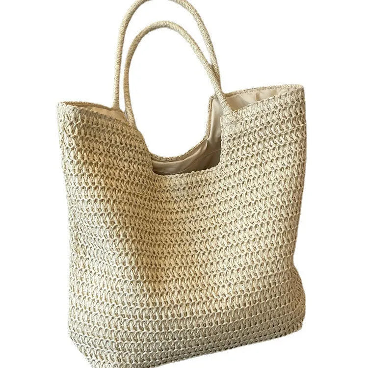 Women's large capacity straw bag in beige with double shoulder straps, 41cm wide 39cm high 12cm thick