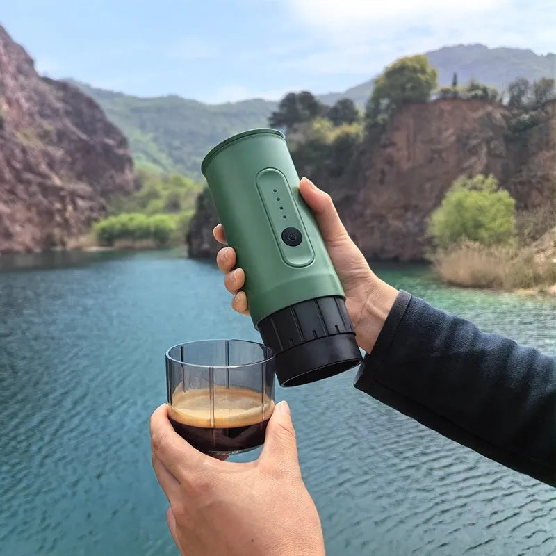 Portable stainless steel coffee machine with car charger compatibility in three colour options