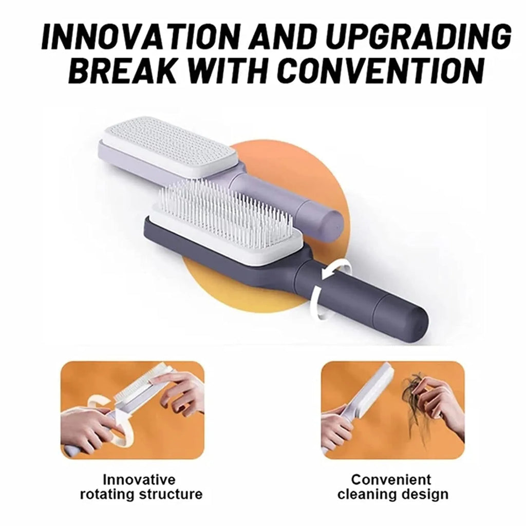 Purple self-cleaning hair brush with twist handle and massage comb teeth showing cleaning mechanism