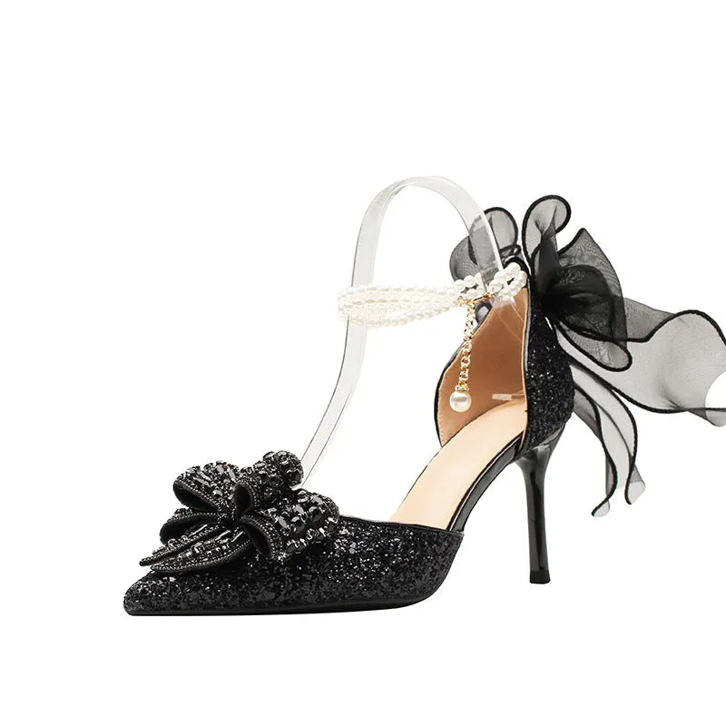 Two-way all-matching women's outdoor sandals black pointed toe stiletto heel 6-8cm rubber sole with microfiber lining