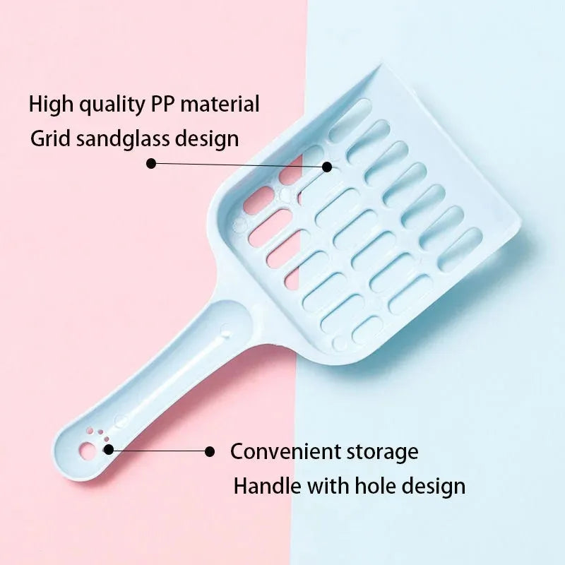 Blue plastic cat litter scoop for cleaning pet litter boxes and trays