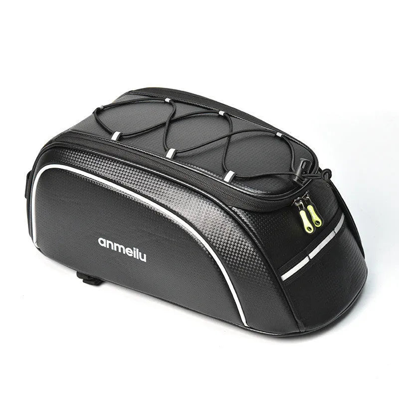 Waterproof black bicycle rear rack bag mounted on bike with 8-litre capacity
