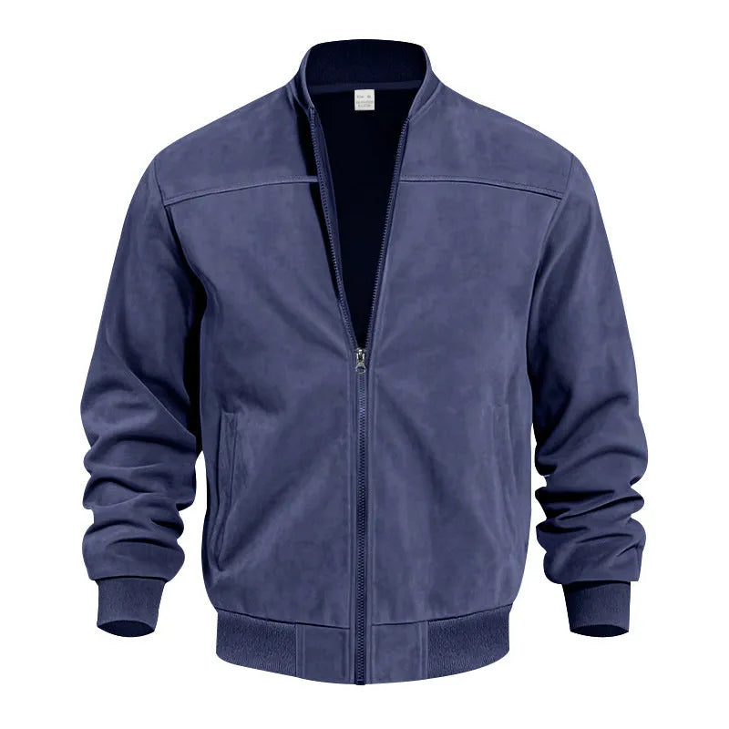 Men's plus size suede-look zip-up casual jacket in army green shown on a model.