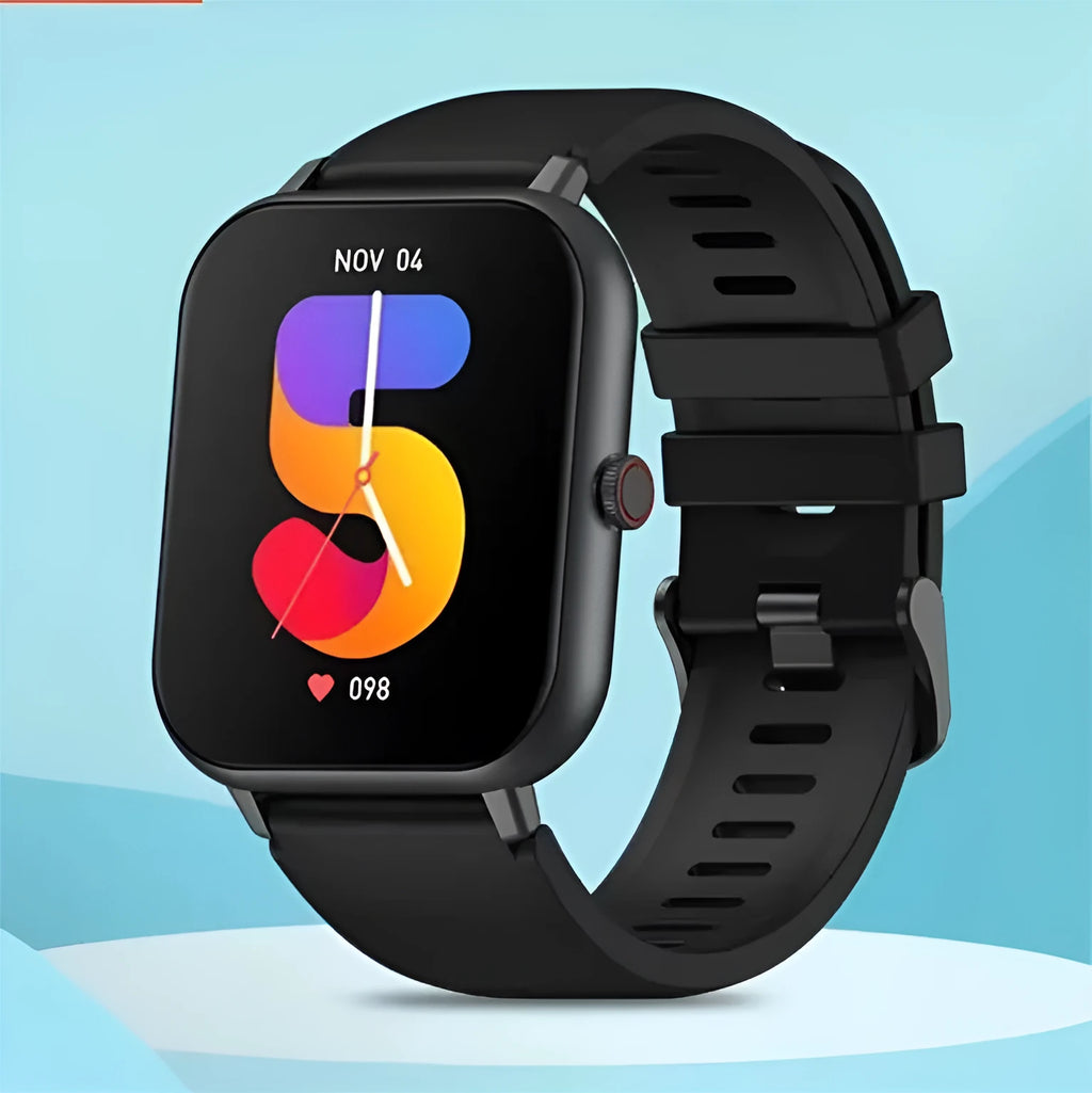 Bluetooth smart watch with AI voice control and heart rate monitor on wrist, shown in black colour.