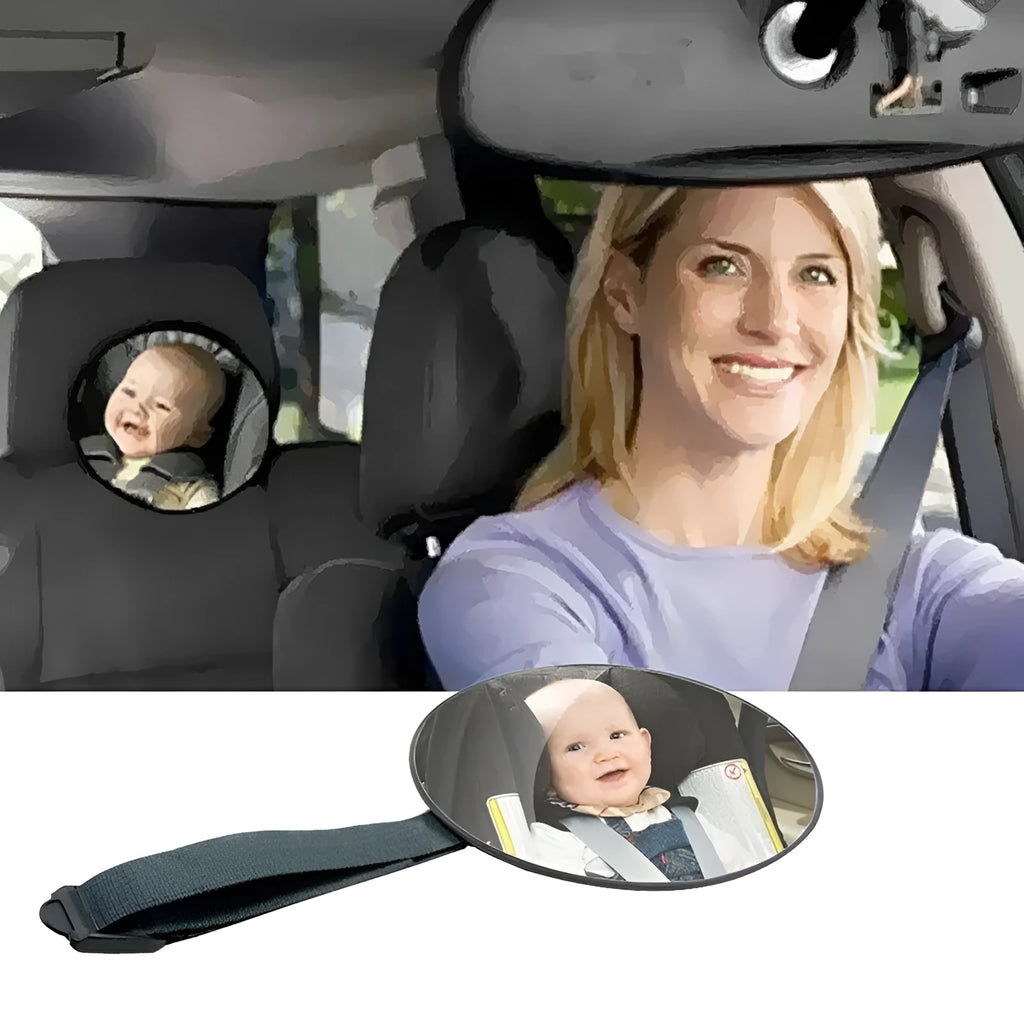 Black ABS baby safety rearview mirror with 17cm glass and adjustable strap for car seat monitoring.