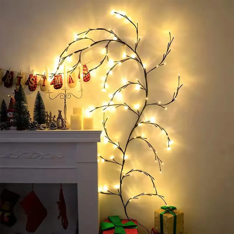 Flexible LED vine light garland with birch bark texture and 144 warm white lights on bendable branches
