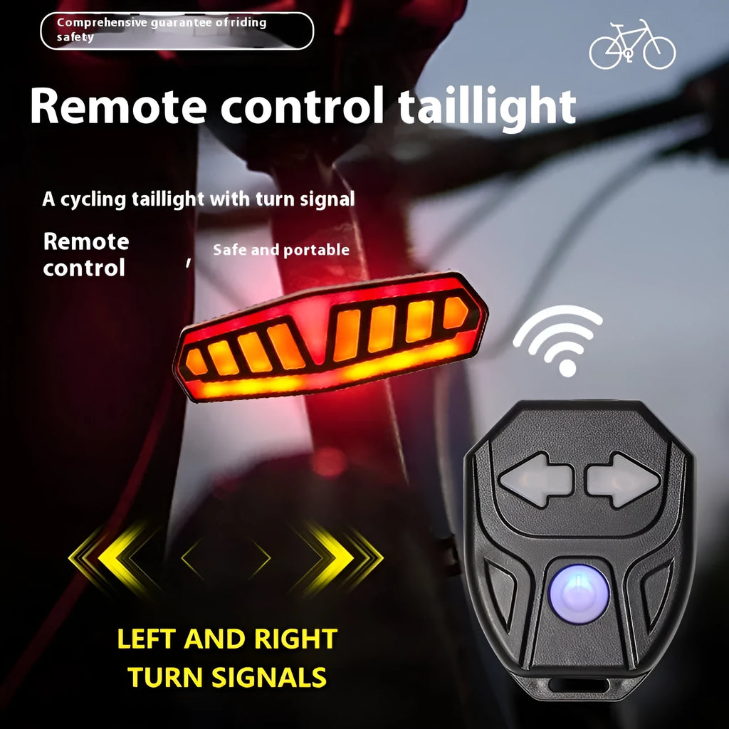 Compact black bicycle taillight with remote control on handlebars, showing left turn signal active.