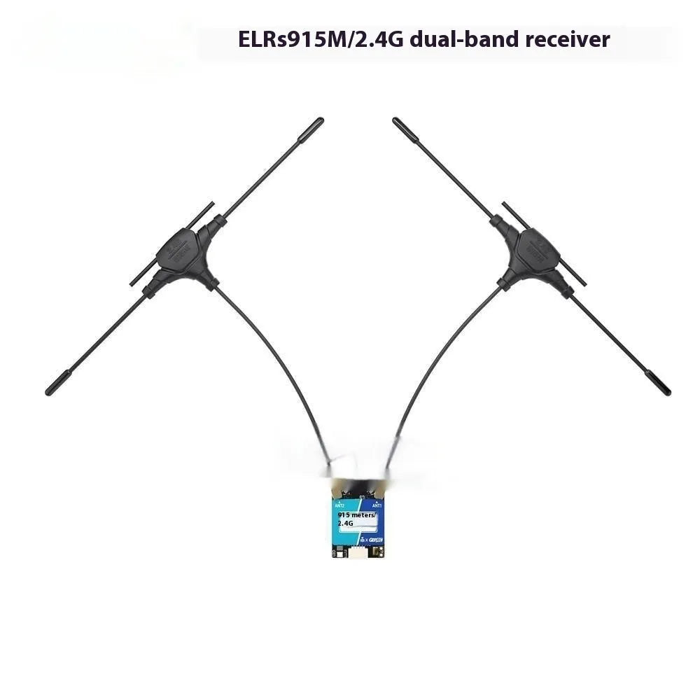 ELRS 915M and 2.4G dual-band FPV radio receiver with two T-shaped antennas and installation accessories