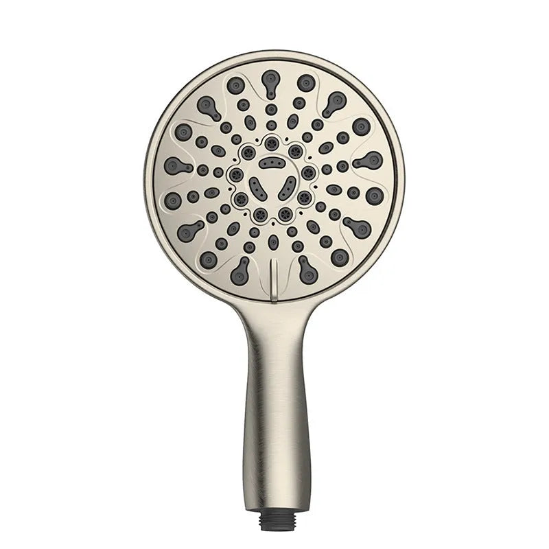 6-inch six-function handheld shower with electroplated finish showing spray pattern options