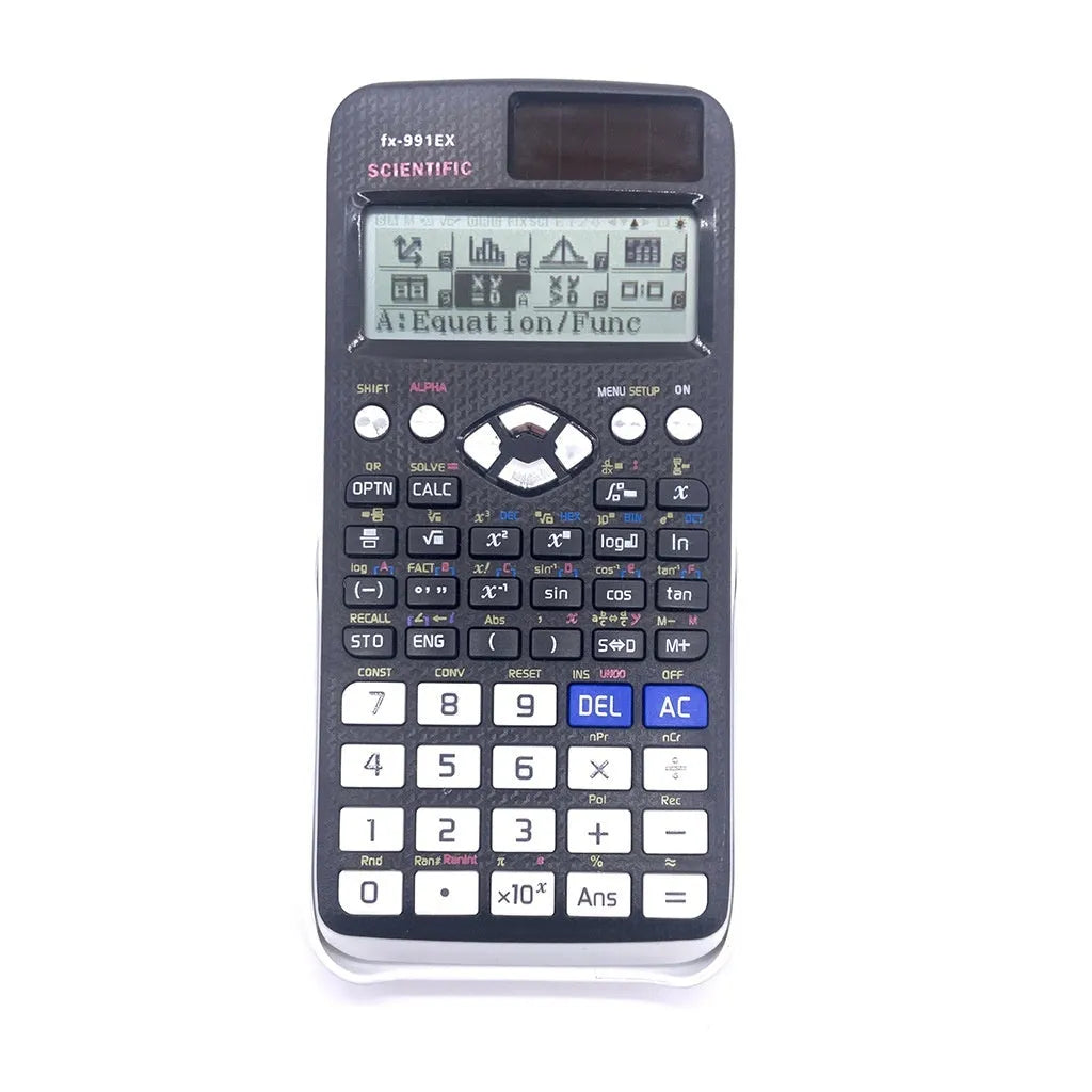 CASIO 991EX scientific calculator in black, blue, and pink colour options with solar panel