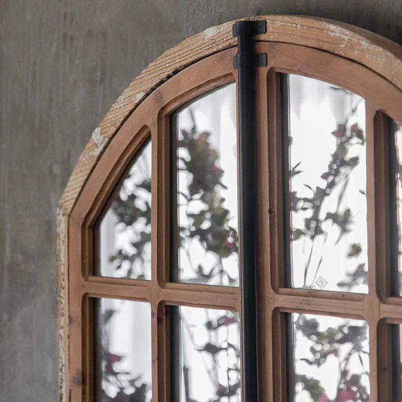 Log-coloured distressed wooden glass fake window wall mirror, A316 style.