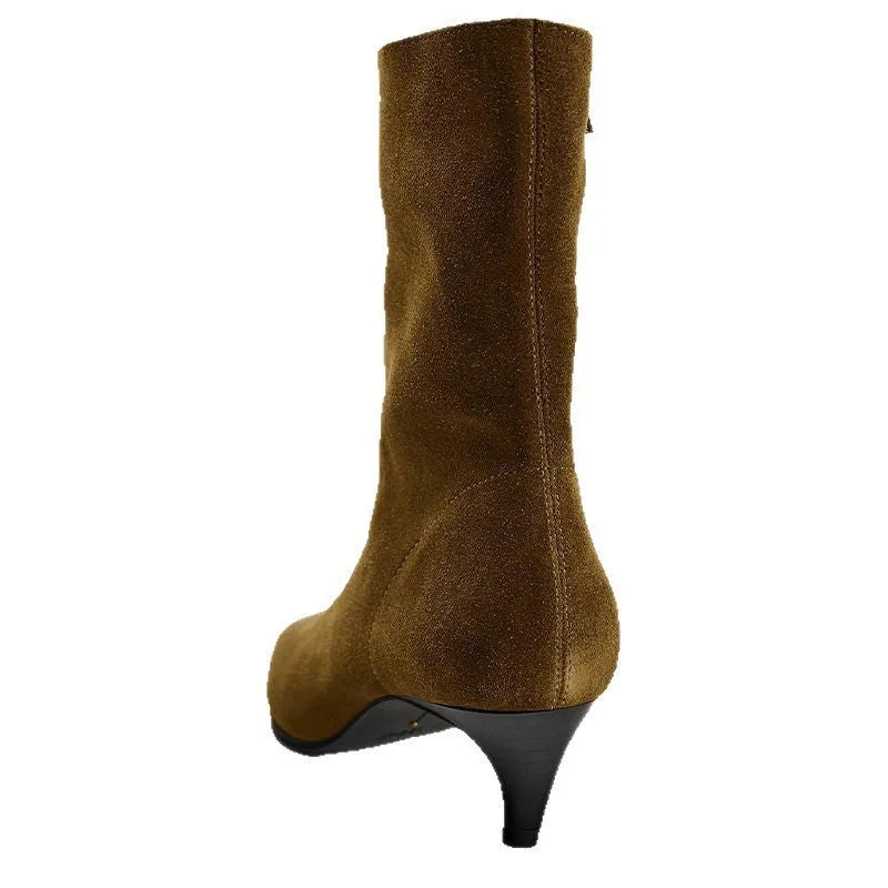 Brown square-toe kitten heel ankle boots with a side zipper on a white background.