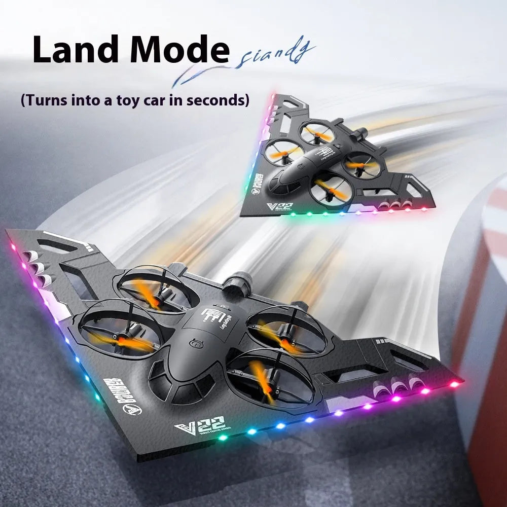 Remote control sea land and air aircraft model in black or gray, plastic, under 30cm, with remote and spare propellers