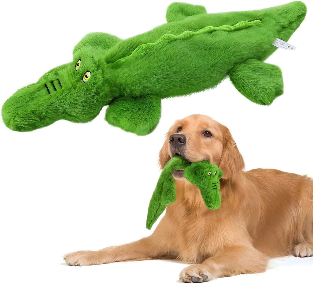 Green crocodile-shaped plush dog chew toy with no stuffing, shown with squeaker and crinkle features.
