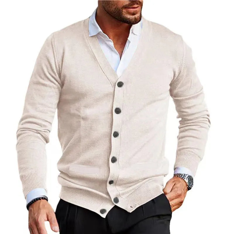 Men's slim fit acrylic cardigan sweater in a range of colours including beige, black, dark green, and wine red.