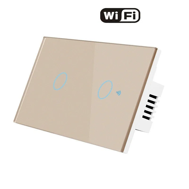Smart WiFi touch switch with tempered glass panel, 1000W overload protection, IP65, available in black gold grey white.