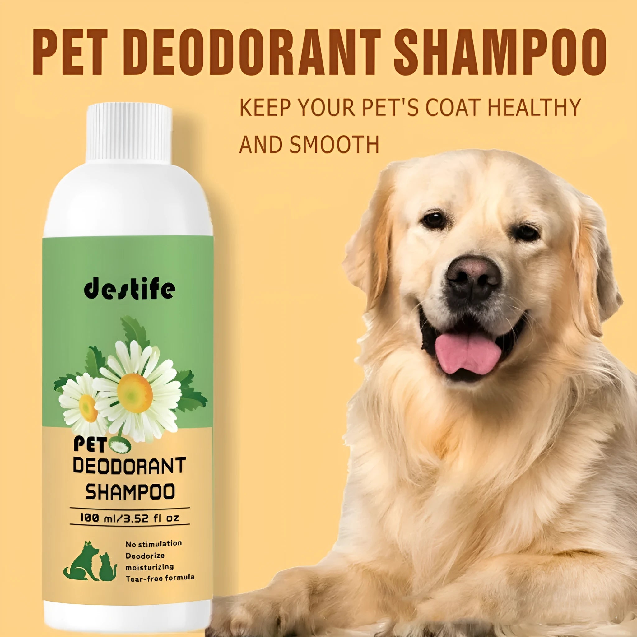 100ml bottle of pet shampoo shower gel with hair conditioner, fragrance and deodorant for dogs and cats