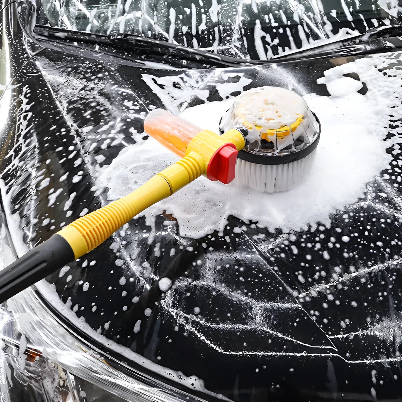 Yellow car wash mop cleaning tool with a chenille brush head and handle with three-gear hydraulic control