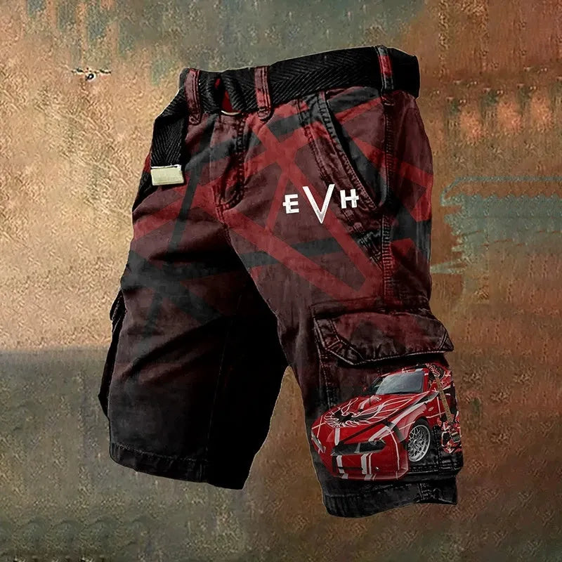 Men's casual digital print polyester shorts with a front zipper closure on a mannequin.