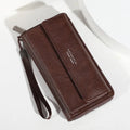 Men's casual long PU leather wallet showing multiple card slots, available in black, brown, and coffee colours
