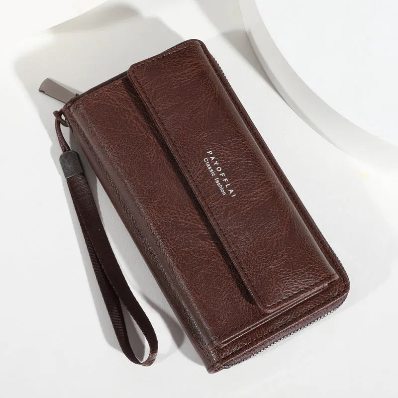 Men's casual long PU leather wallet showing multiple card slots, available in black, brown, and coffee colours