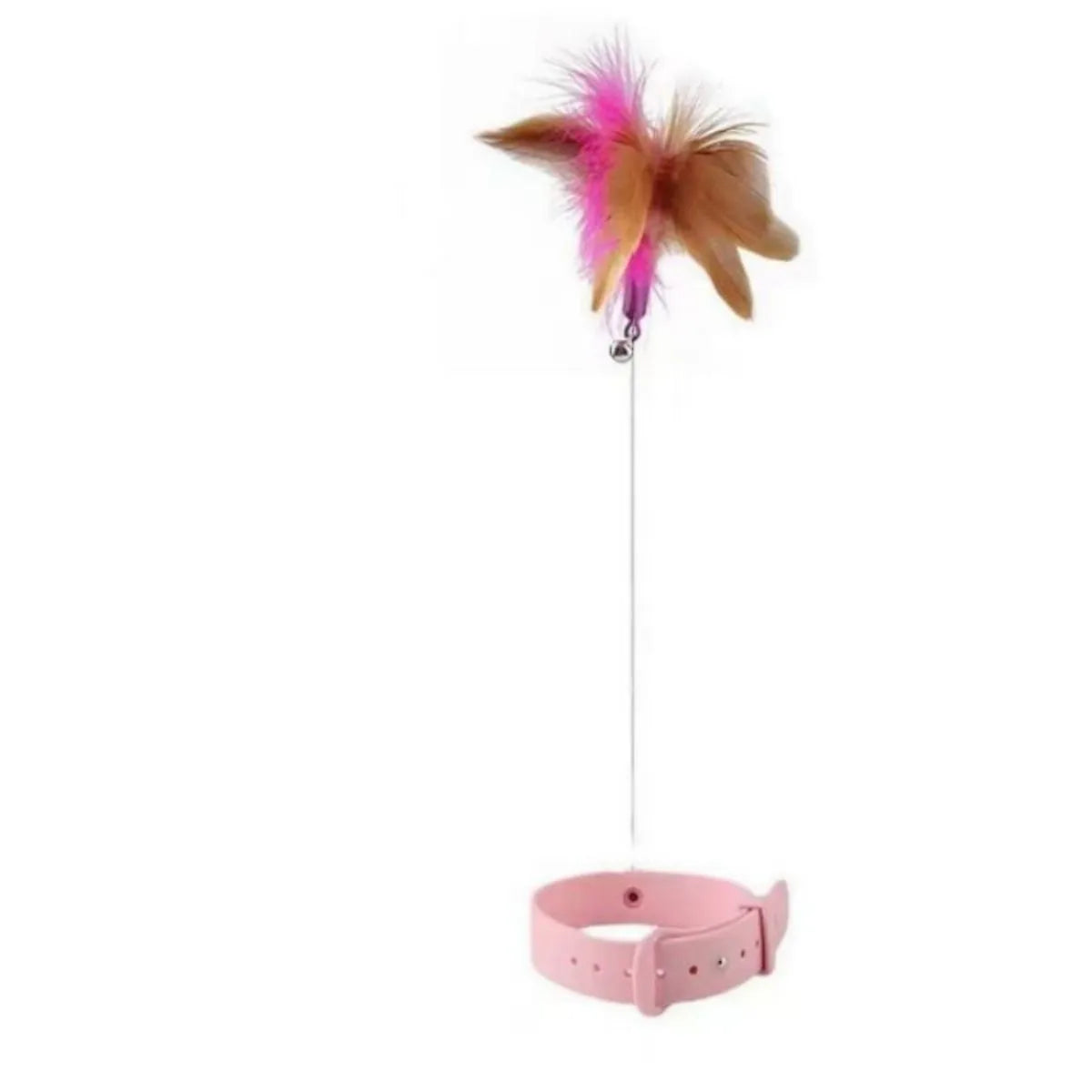 Blue adjustable cat collar with attached feather wand toy and small bell