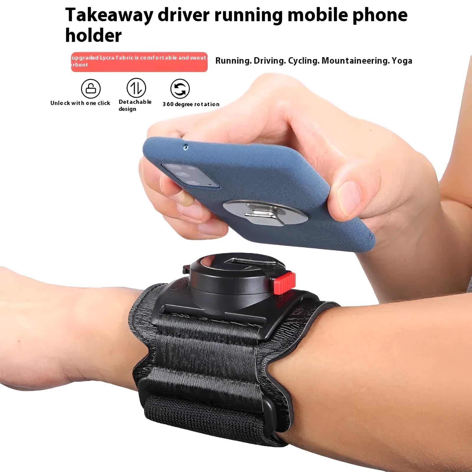 Sports mobile phone arm bag in black with phone inserted showing adjustable strap and waterproof construction