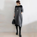 Loose oversized round neck patchwork dress for women, long flutter sleeves, high waist pencil skirt, grey or army green