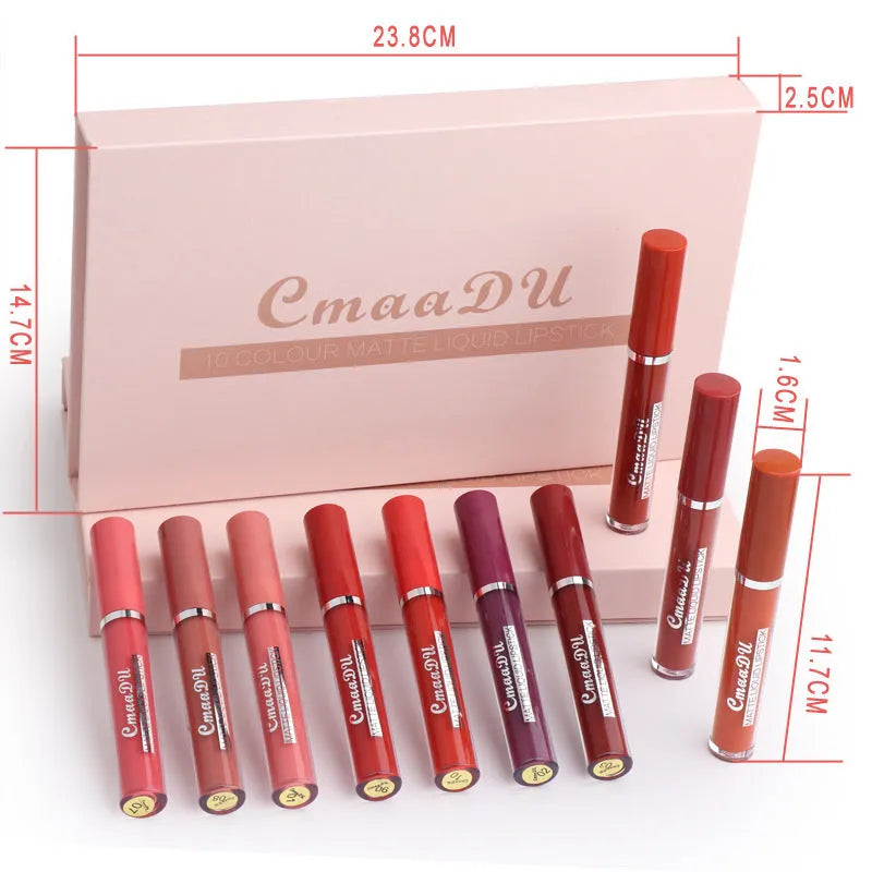 Set of 10 waterproof matte lipstick sticks in non-stick cup formula