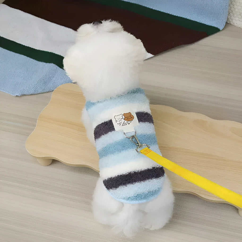 Striped fuzzy two-legged dog coat with integrated leash ring and bear cloth label, for small and medium dogs
