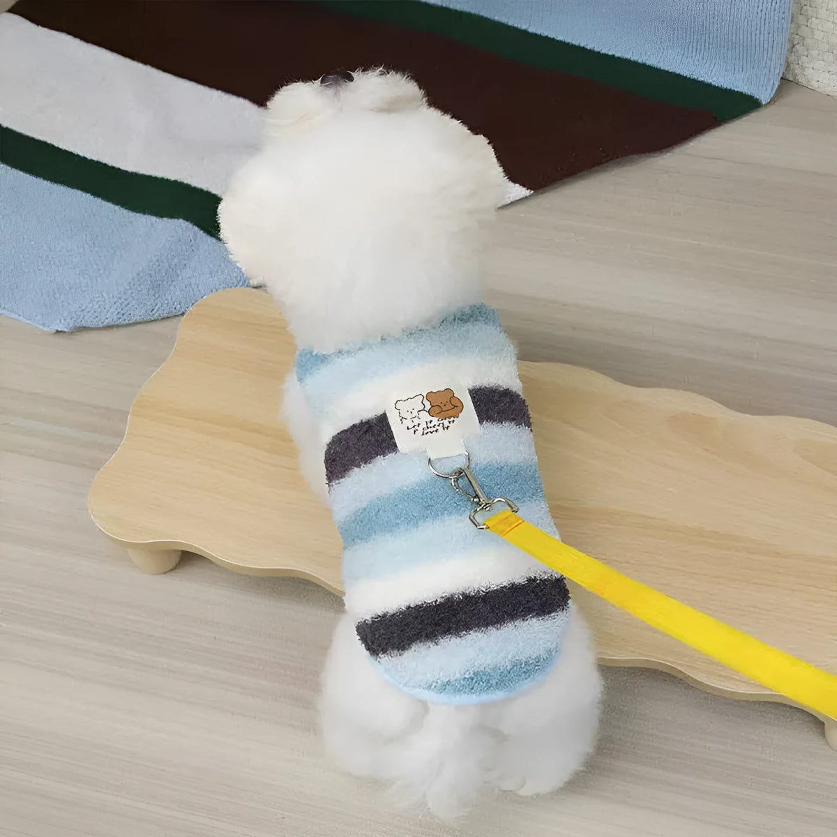 Striped fuzzy two-legged dog coat with integrated leash ring and bear cloth label, for small and medium dogs