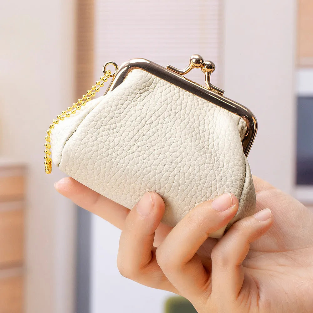 Genuine leather mini coin wallet for women in solid colour with first layer cowhide and polyester lining
