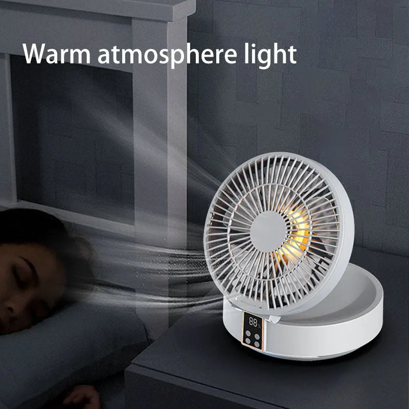 White portable folding fan with remote control and warm night light on desktop