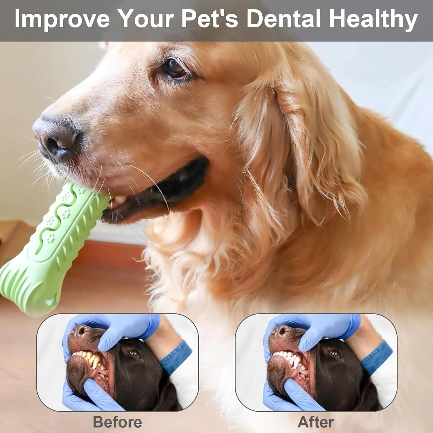 Blue durable natural rubber bone-shaped dog chew toy on a plain background