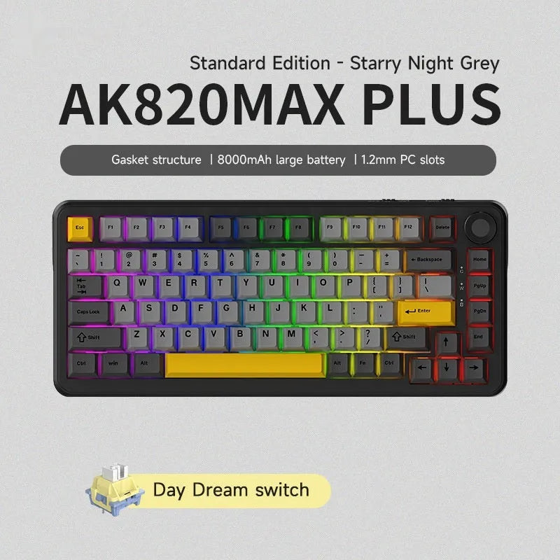 Three-mode mechanical keyboard with hot-plug switches in Black, Gray And Yellow colour options