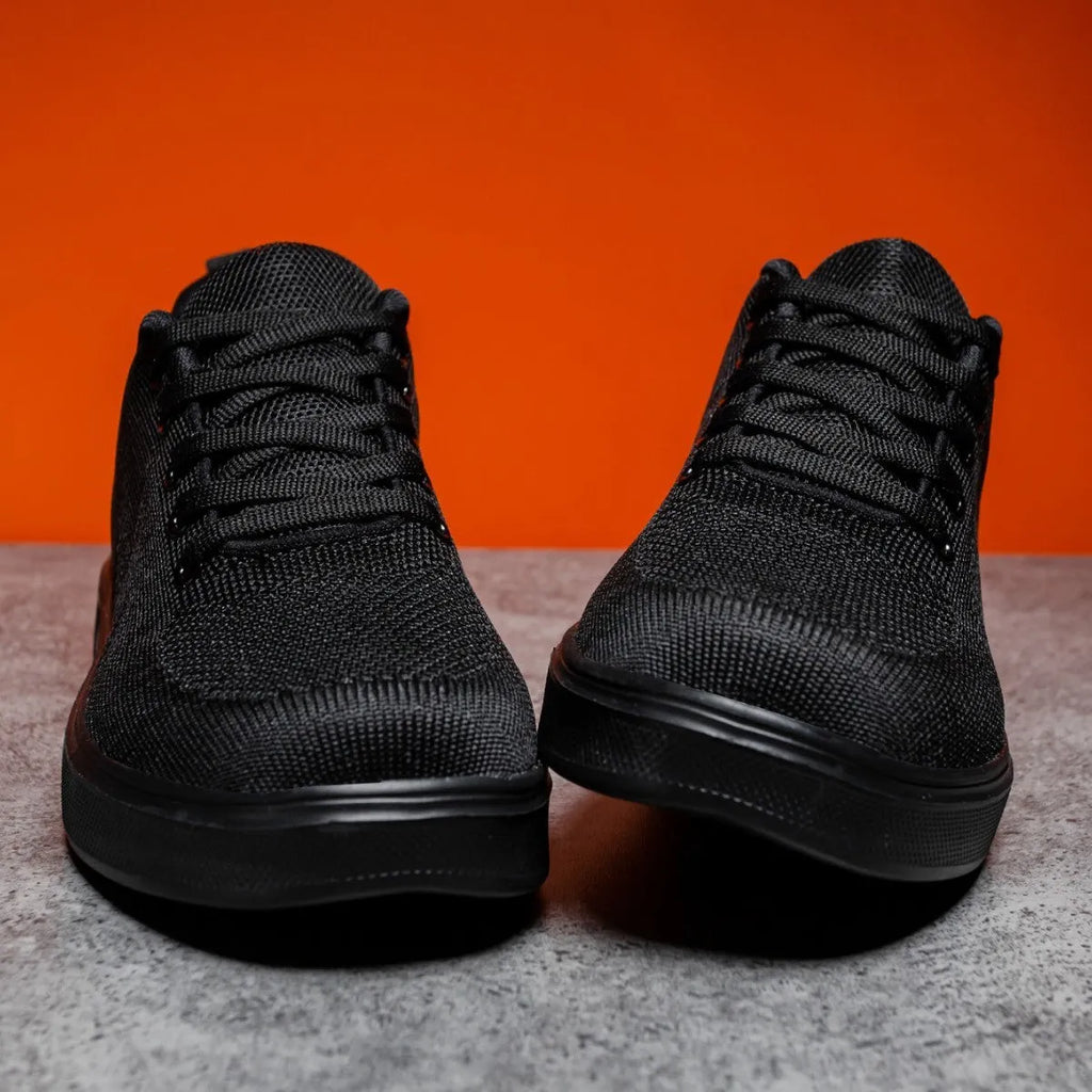 Light white casual board shoes with mesh upper, thick flat EVA sole, and round toe in black and white colour options.