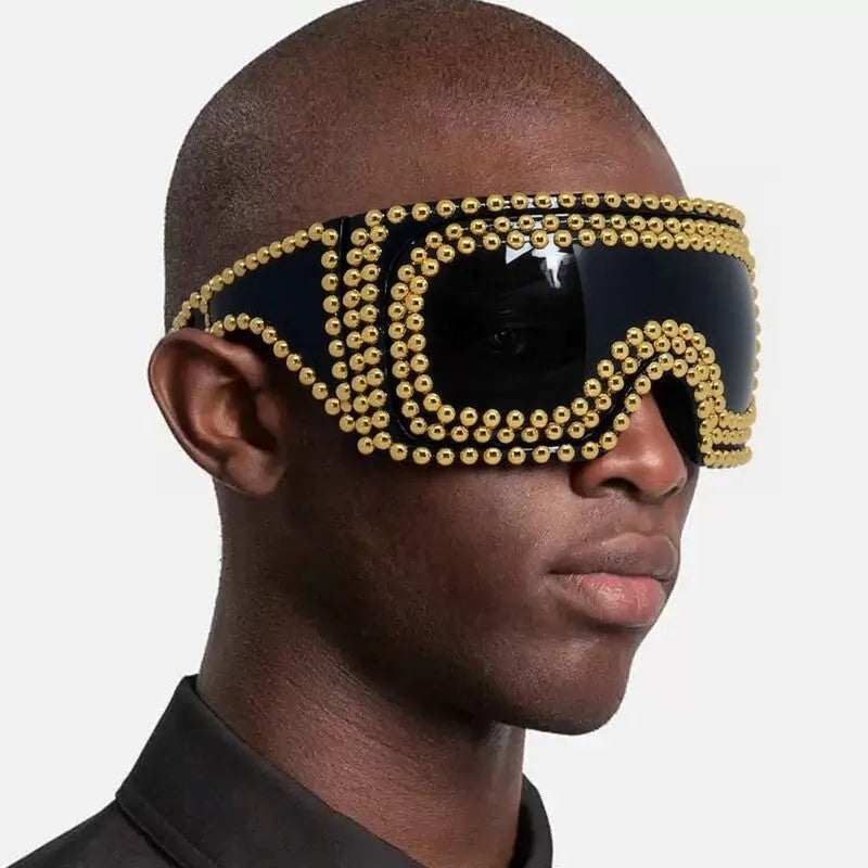 Men's punk-style sunglasses with a large square frame, rivet details, in silver or gold colour.