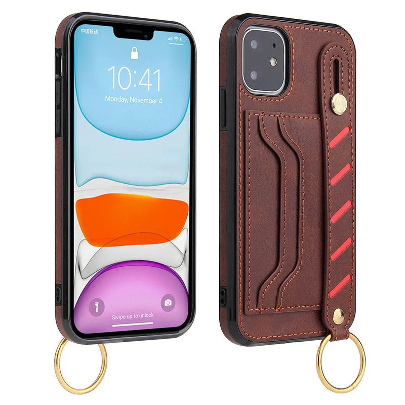 Imitation leather phone case for iPhone in retro solid colour texture with a leather grain finish shown in black