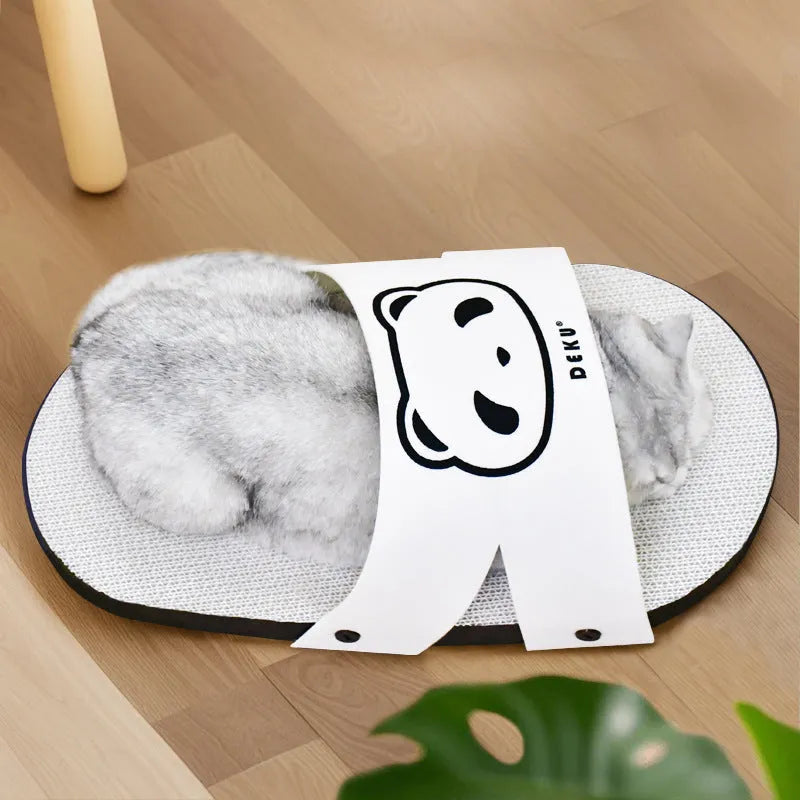 White slipper-shaped corrugated cardboard cat scratch board.