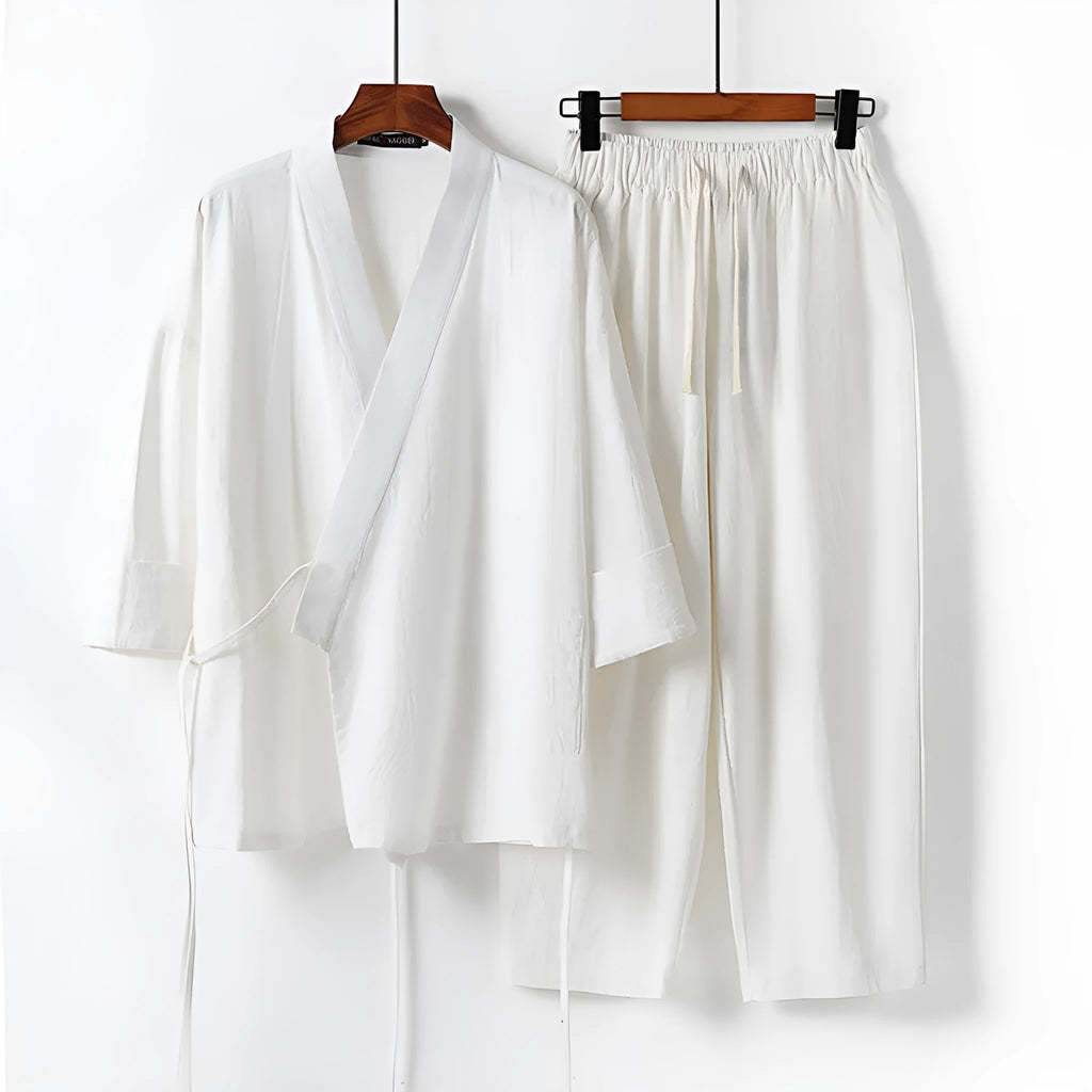 Men's cotton and linen cardigan Hanfu two-piece suit in apricot colour with cropped sleeves