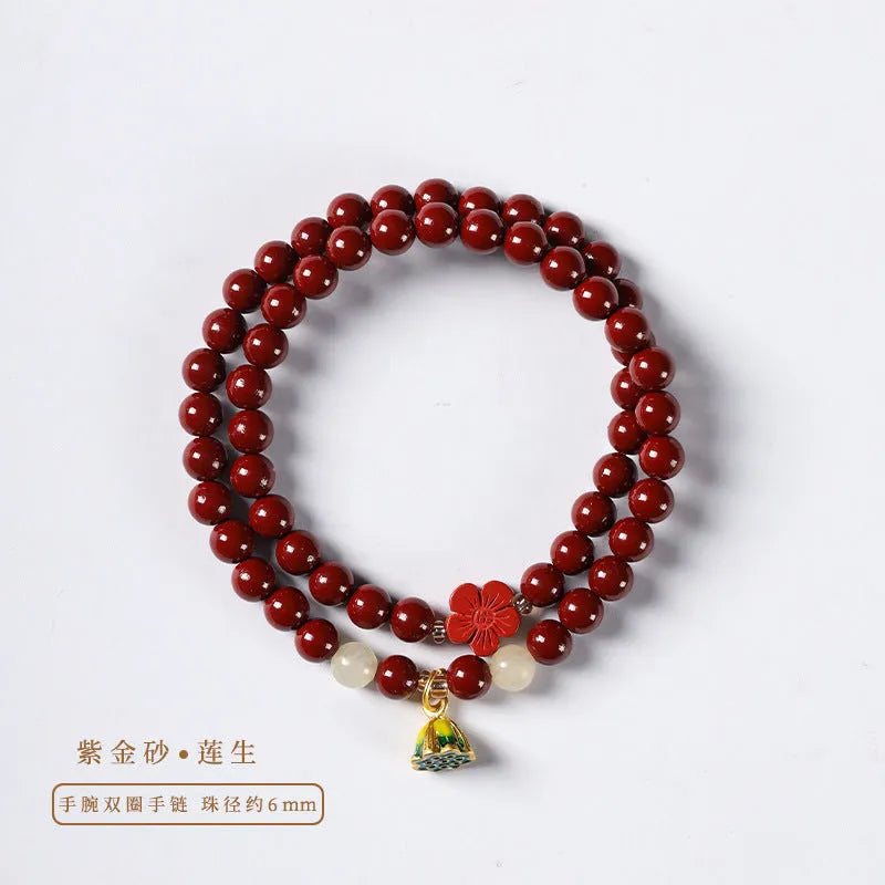 Hand-woven double circle bracelet with purple gold cinnabar beads and lotus design