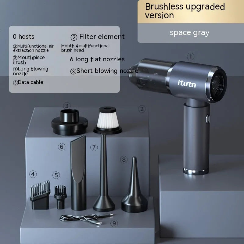 Handheld wireless car vacuum cleaner in space-like grey with dual blowing and suction functions