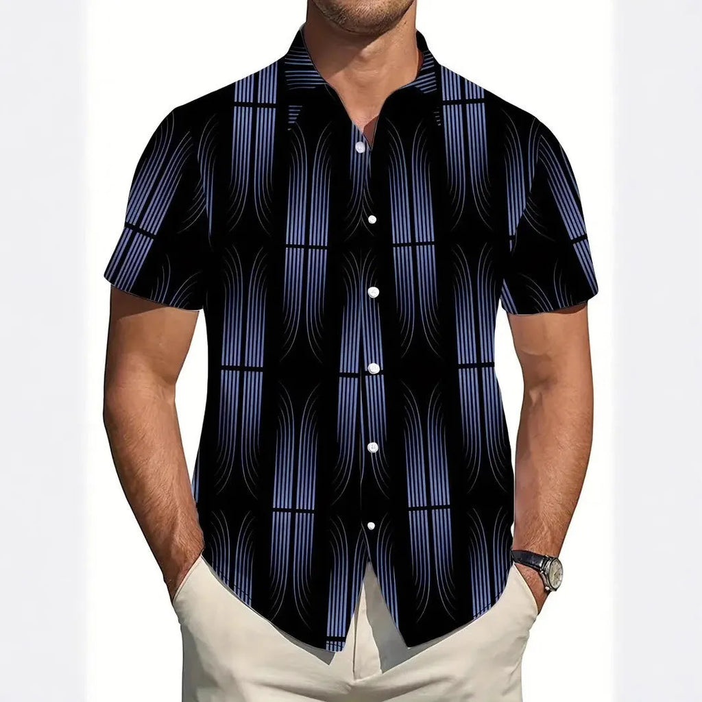 Men's geometric line print short sleeve shirt in slim fit polyester fabric