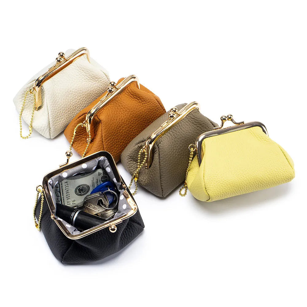 Genuine leather mini coin wallet for women in solid colour with first layer cowhide and polyester lining
