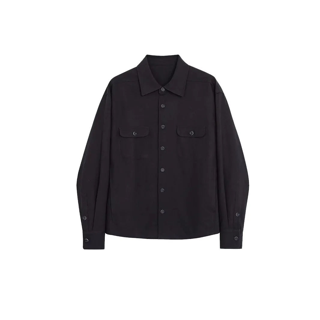 Men's simple lapel casual shirt in light sand rice colour, showing long sleeves and front button placket.