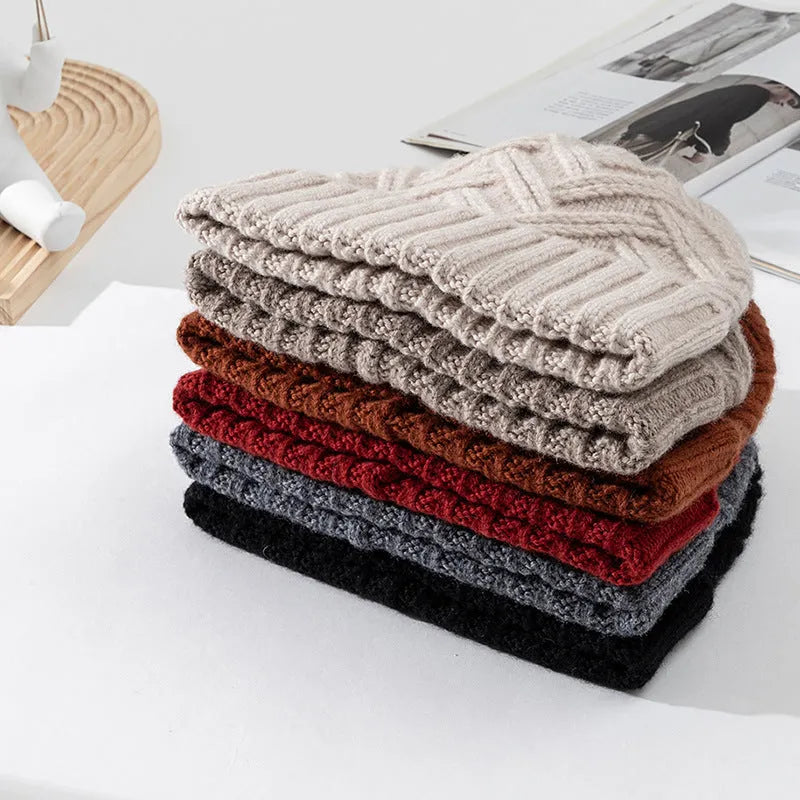 Wool knitted dome crown winter hat with totem pattern in six colour options