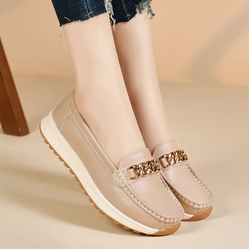 Women's casual round toe solid colour PU leather loafer in beige, black, cameo brown, and sapphire blue